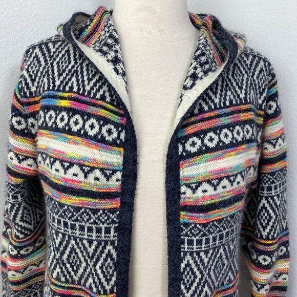 Monteau Long Open Cardigan XSmall Fair Isle Hooded Boho Cottage Hippie Preppy - Picture 2 of 11